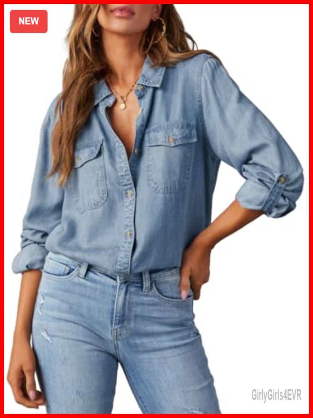 Women's Denim Button Down Shirt Chambray Blouse Long Sleeve Casual Top